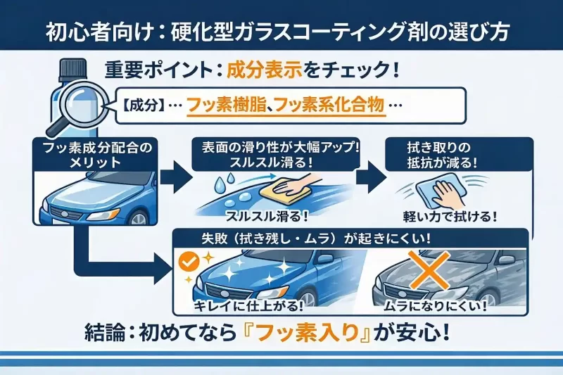 フッ素系素材を含有しているコーティング剤は拭き取りやすく初心者におすすめという説明