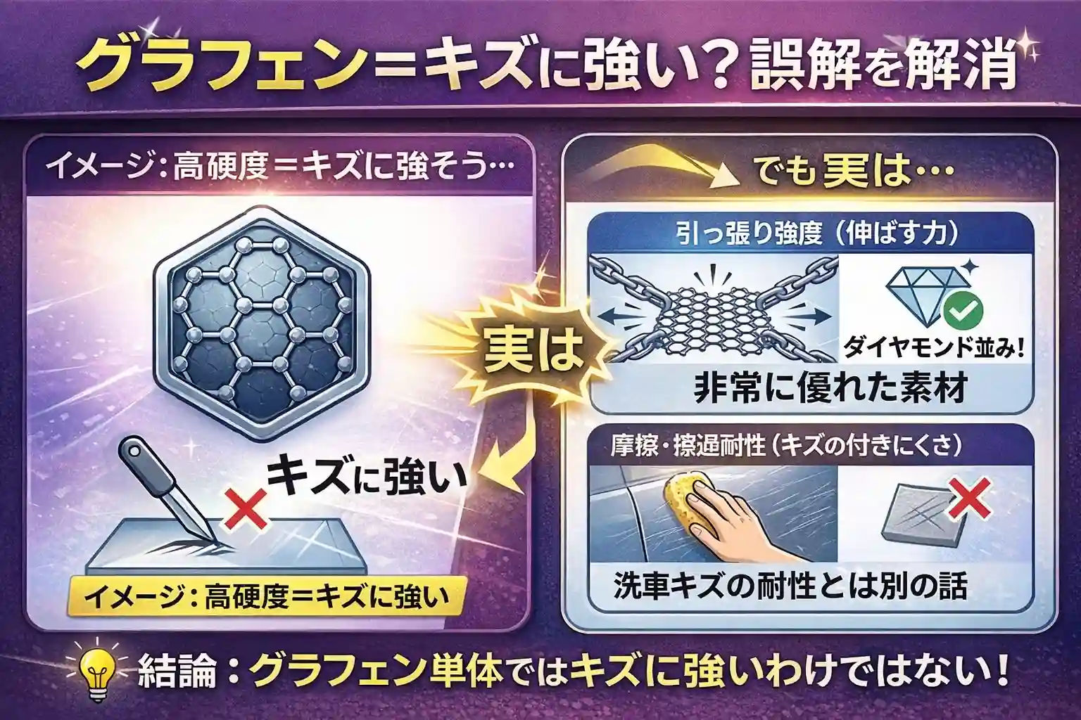 グラフェンは引張強度は高いが擦過傷耐性とは異なることを示す図