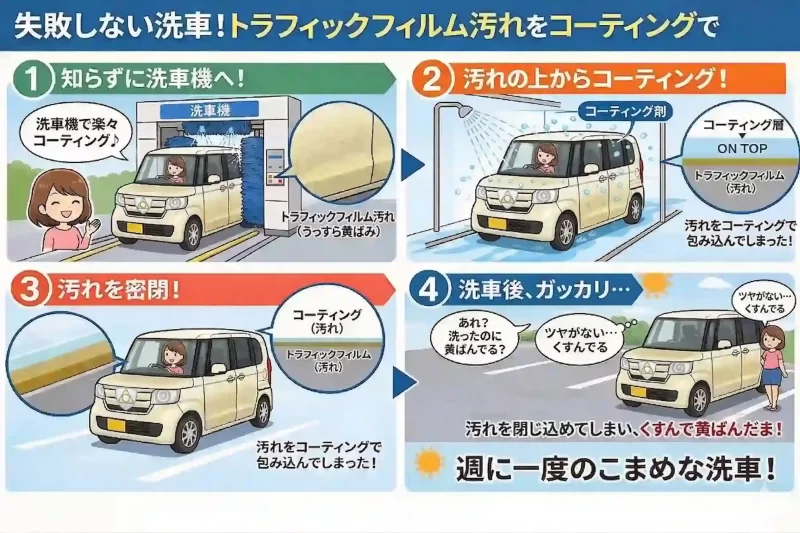 白い車トラフィックフィルム汚れの上からコーティング