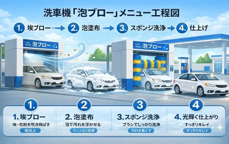 門型洗車機の泡ブローメニュー工程図。埃ブロー→泡塗布→スポンジブラシ洗浄→光沢仕上げまでの洗車機の流れを解説