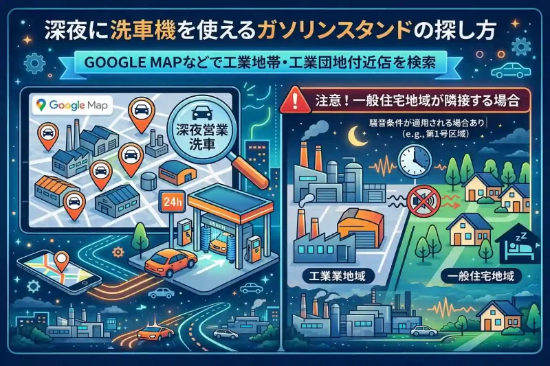 深夜に洗車機を使えるガスリンスタンドの探し方の説明図
