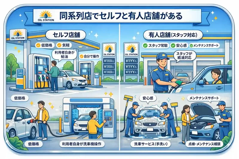 同系列ガソリンスタンドのセルフ店舗と有人店舗の違いを示すインフォグラフィック。セルフ給油やセルフ洗車と、スタッフ給油や点検サービスの違いを比較。