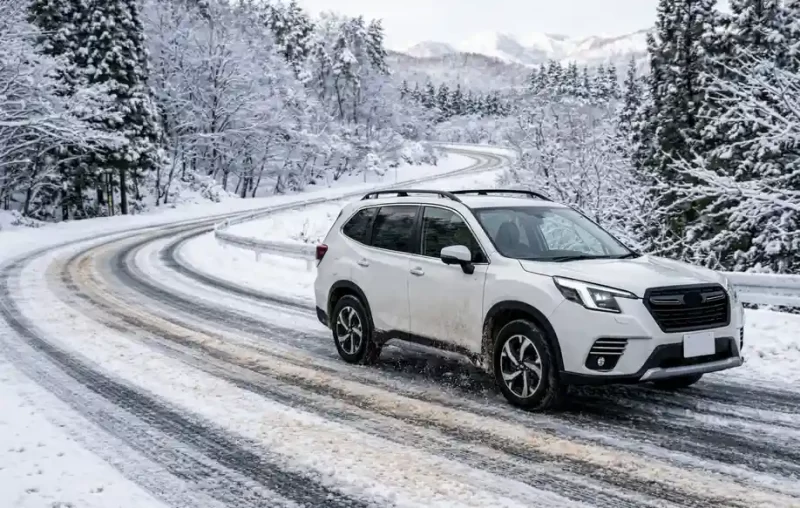 凍結防止剤を撒かれた雪の上を走るSUV車