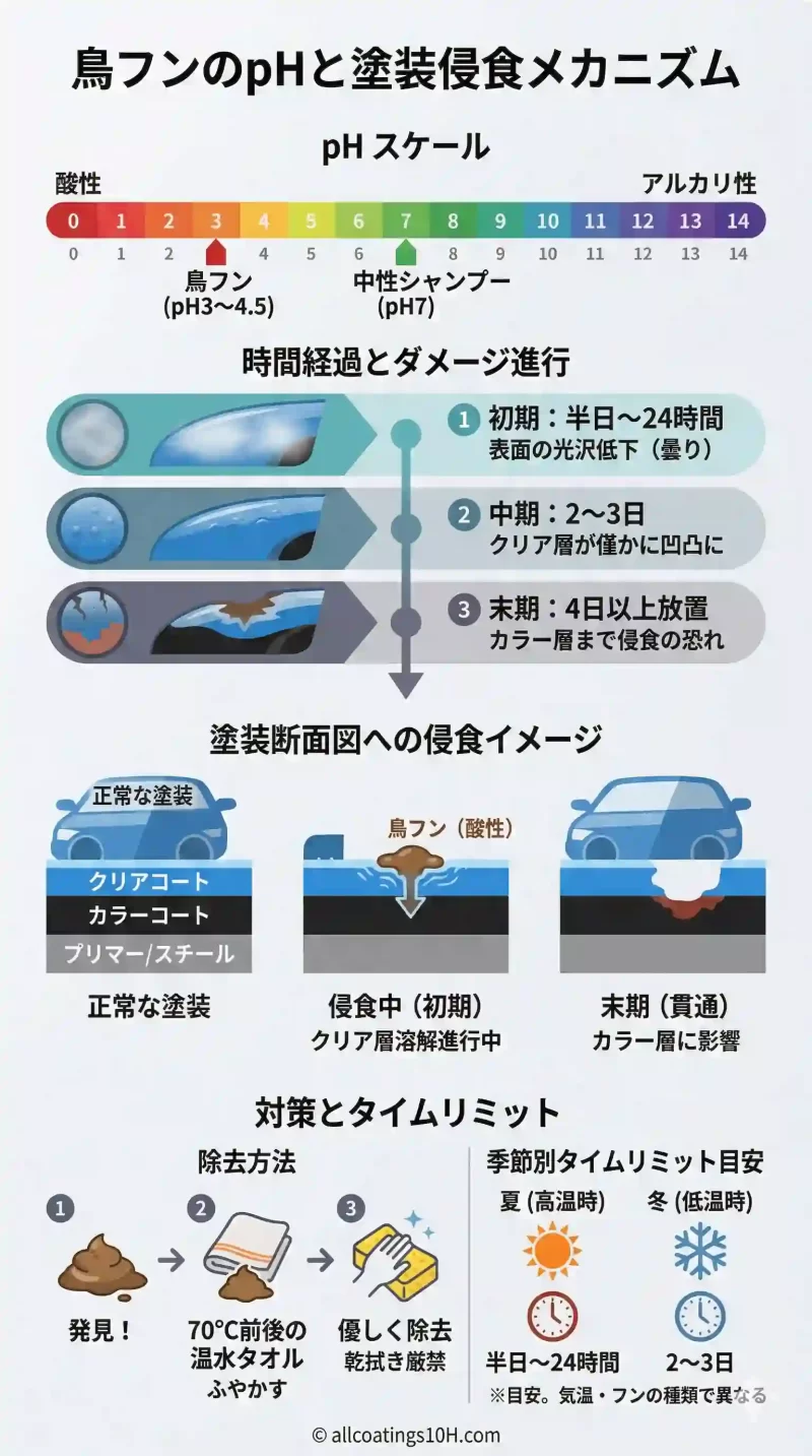 鳥フンのpHと車の塗装・ガラスコーティング侵食のメカニズム