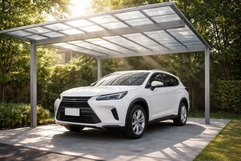 広い車がカーポートに駐車してあり太陽光を受けている様子