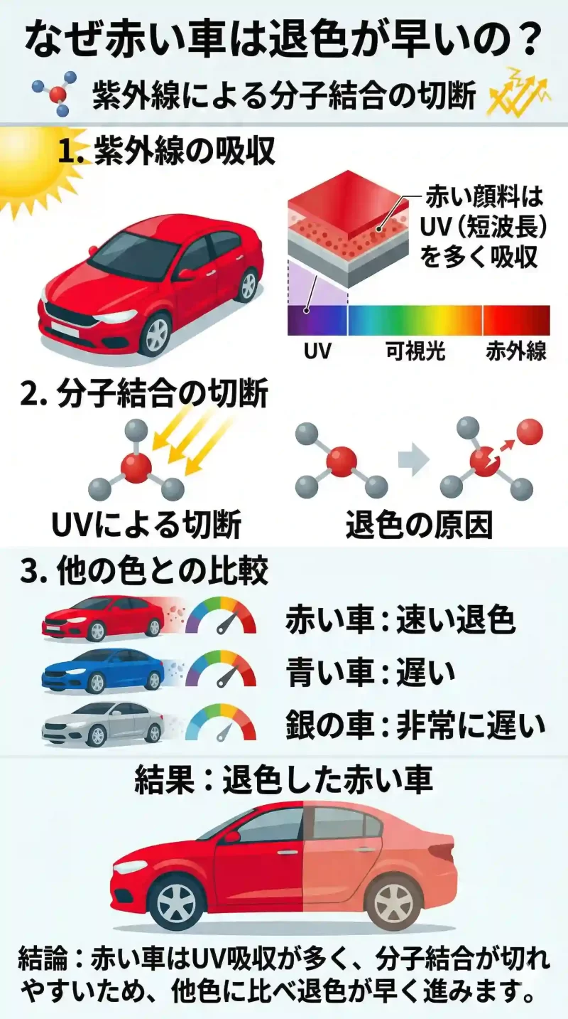 赤い車は他のカラーの車よりも紫外線の影響で退色が早まる解説イメージ図