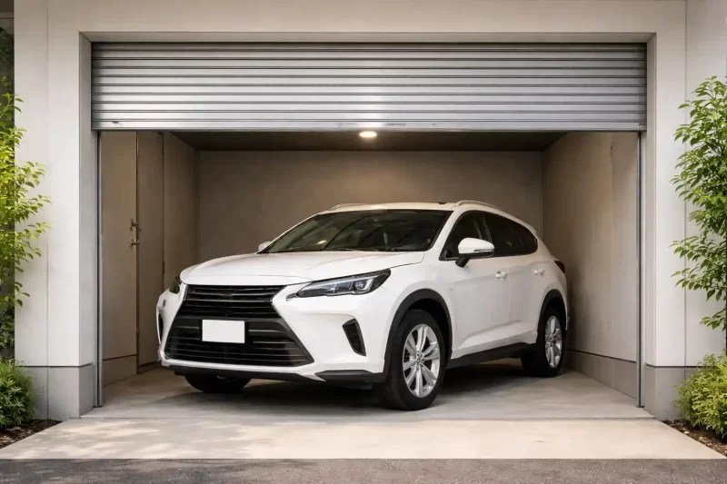 ガレージに駐車された白いSUV車のイメージ図