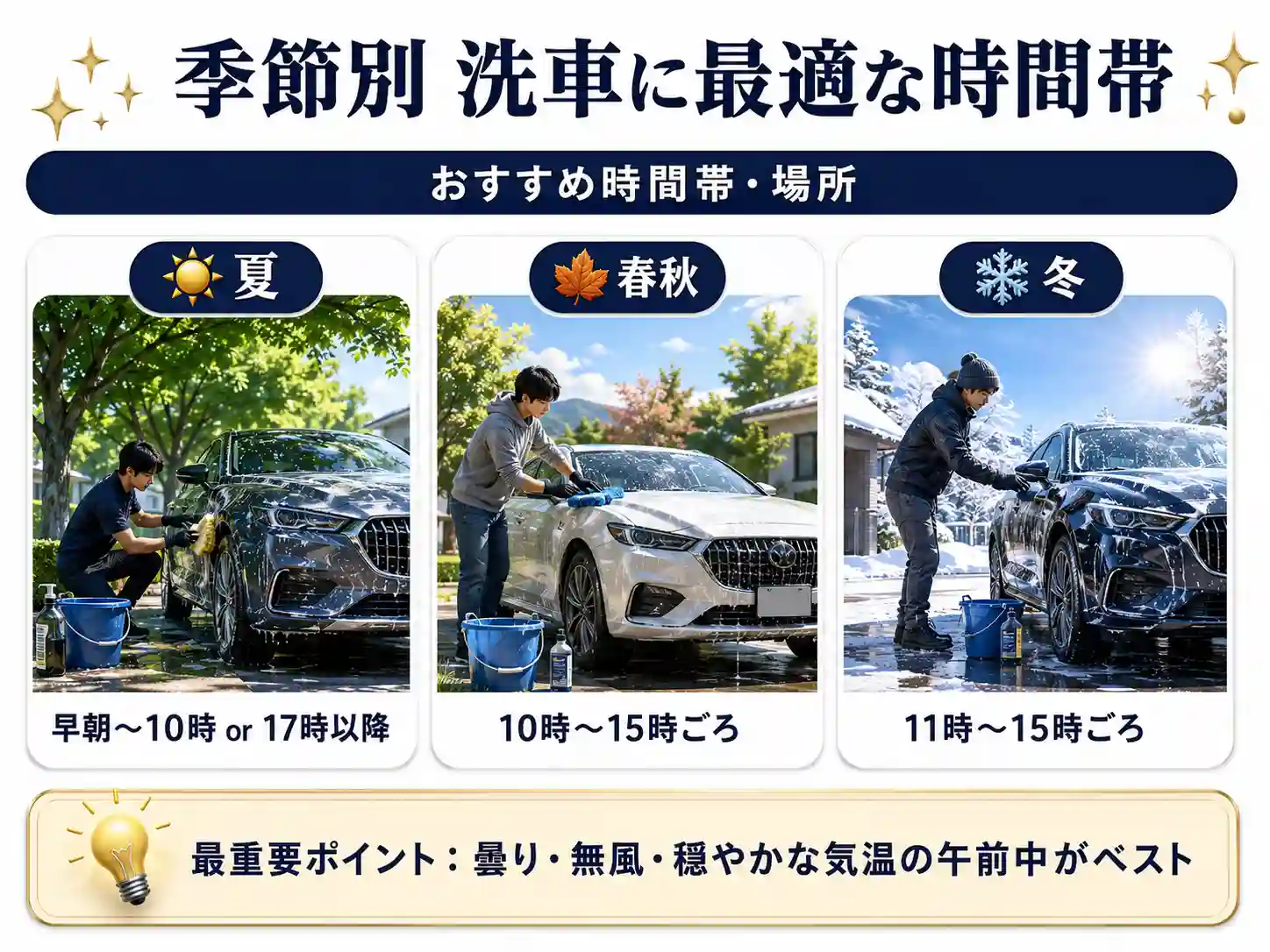季節別に見る手洗い洗車に最適な時間帯と場所をまとめたインフォグラフィック