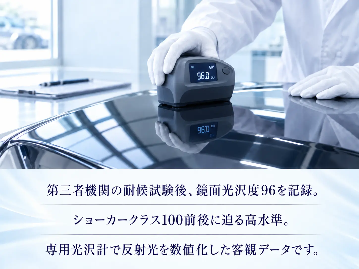 第三者機関で耐侯鏡面光沢度がショーカー級の100に迫る96という数値を記録した試験結果