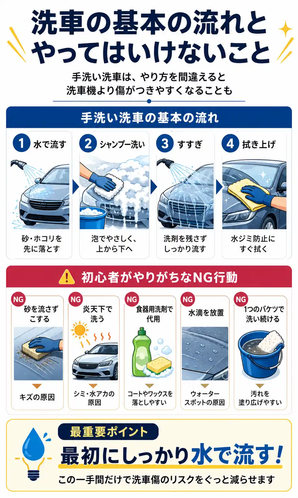 手洗い洗車の基本の流れ4ステップと、初心者がやりがちなNG行動をまとめたインフォグラフィック